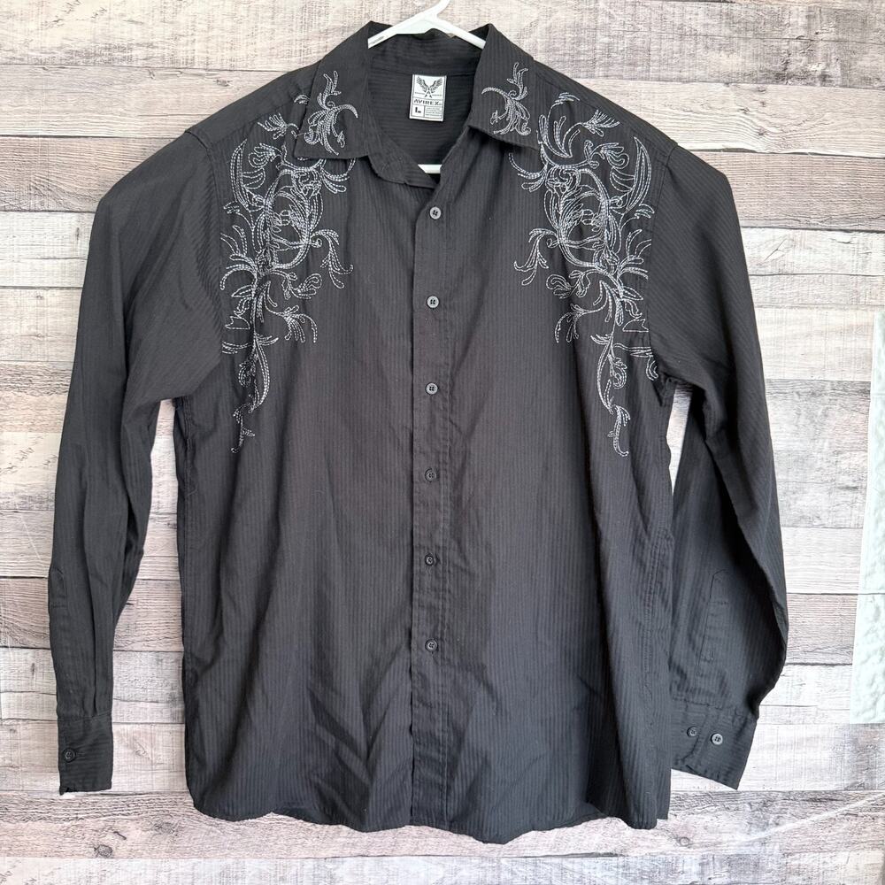 Vintage Avirex Y2K Shirt Mens Large Black Abstract Button Up Long Sleeve